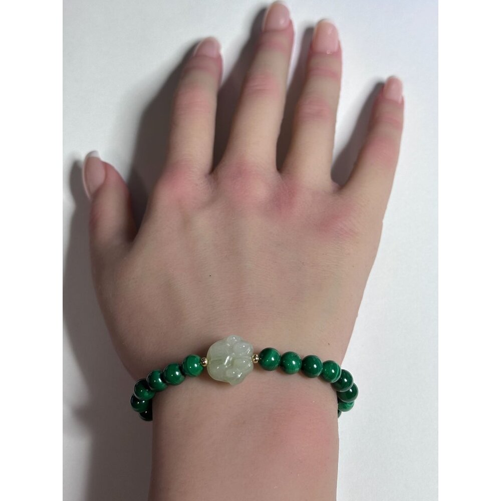 Natural Malachite Gemstones Stretch Bracelet and Carved Paw Jade 18k Tiny Beads - Picture 6 of 6